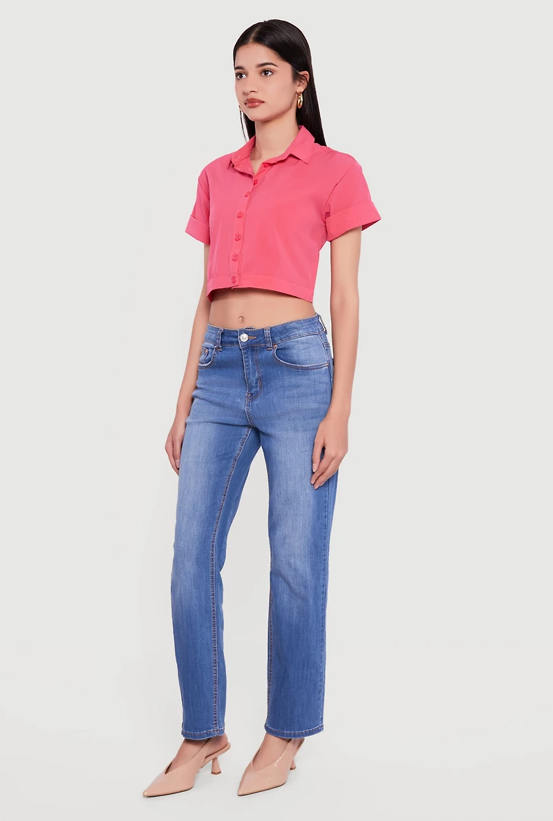 Short Sleeve Button Front Lace Up Cropped Shirt
