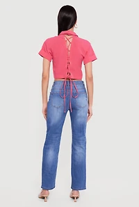 Short Sleeve Button Front Lace Up Cropped Shirt