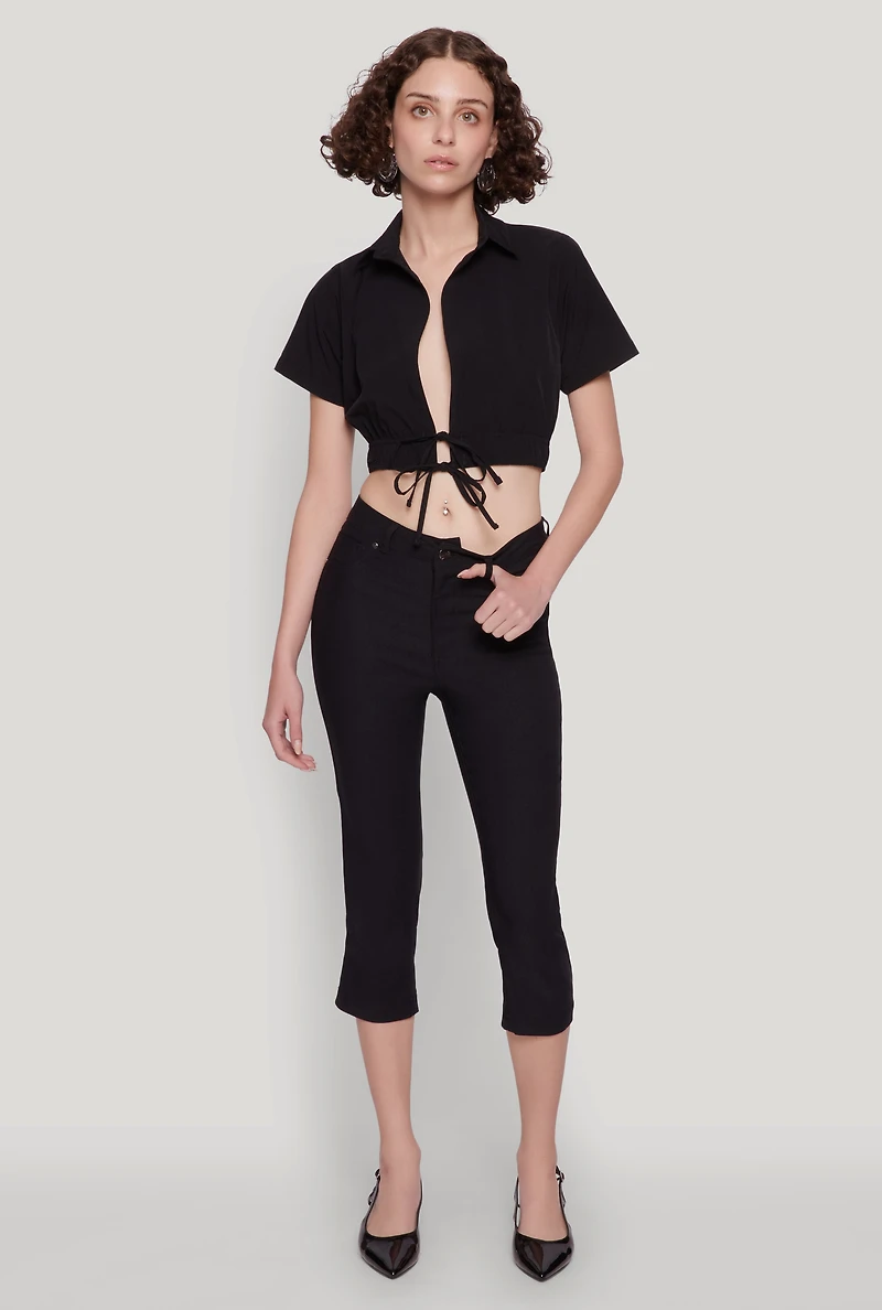 Open Tie Front Cropped Shirt
