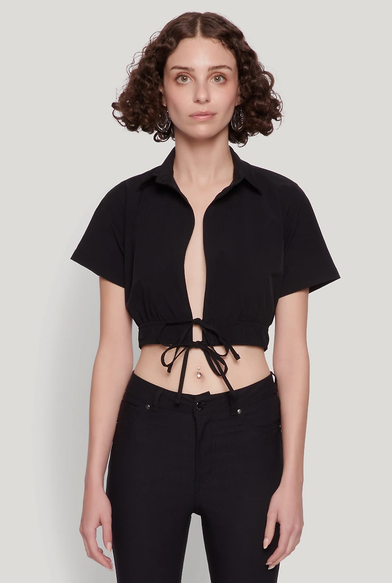 Open Tie Front Cropped Shirt