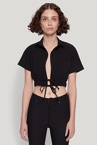 Open Tie Front Cropped Shirt