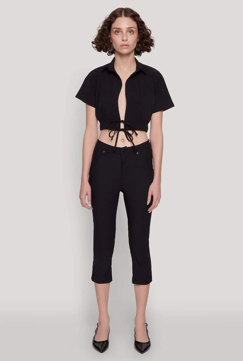 Open Tie Front Cropped Shirt