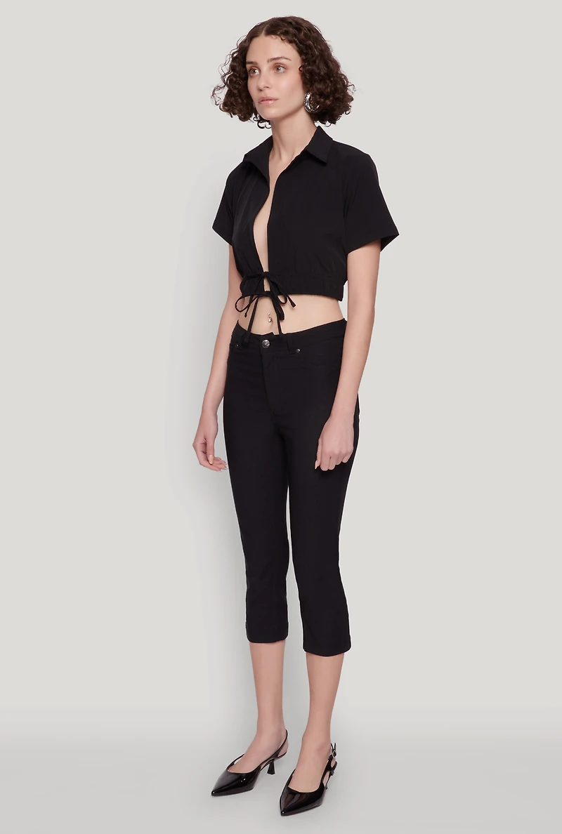 Womens Open Tie Front Cropped Shirt,