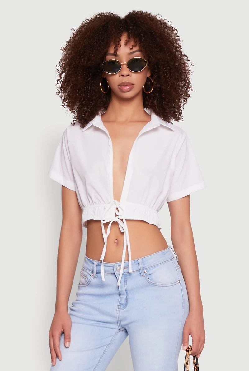 Womens Open Tie Front Cropped Shirt, White, Size S