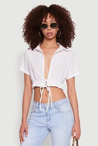 Womens Open Tie Front Cropped Shirt, White, Size S