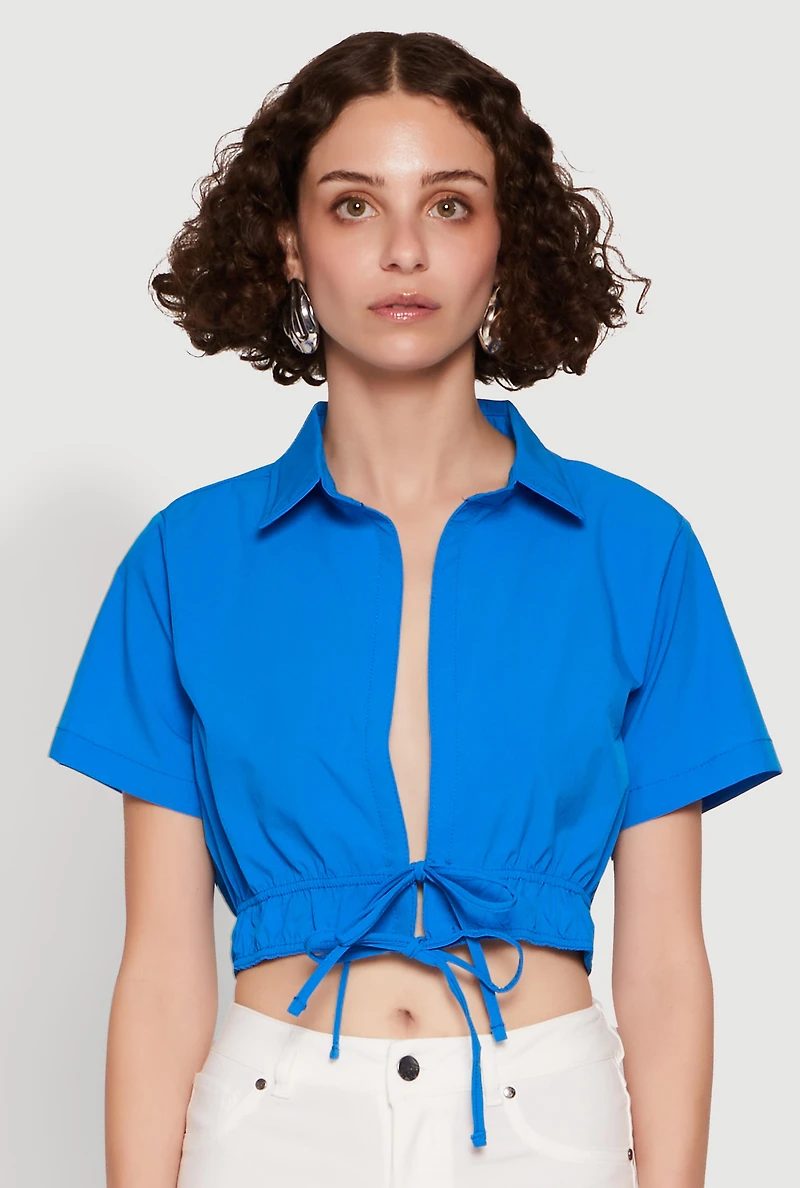 Womens Open Tie Front Cropped Shirt, Blue, Size M