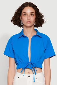 Womens Open Tie Front Cropped Shirt, Blue, Size M