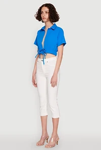Womens Open Tie Front Cropped Shirt, Blue, Size M