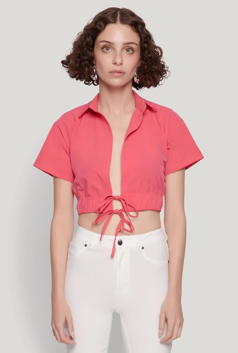 Womens Open Tie Front Cropped Shirt,
