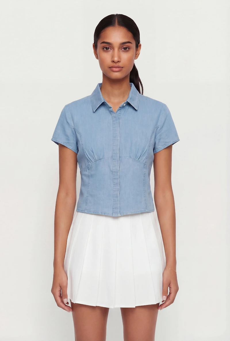 Denim Button Front Short Sleeve Top