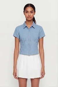 Denim Button Front Short Sleeve Top