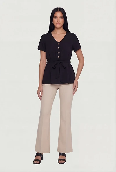 Ruched Half Button Front Short Sleeve Top