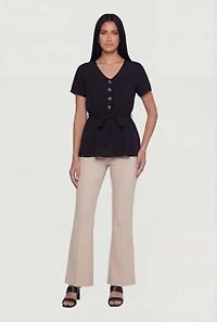 Ruched Half Button Front Short Sleeve Top