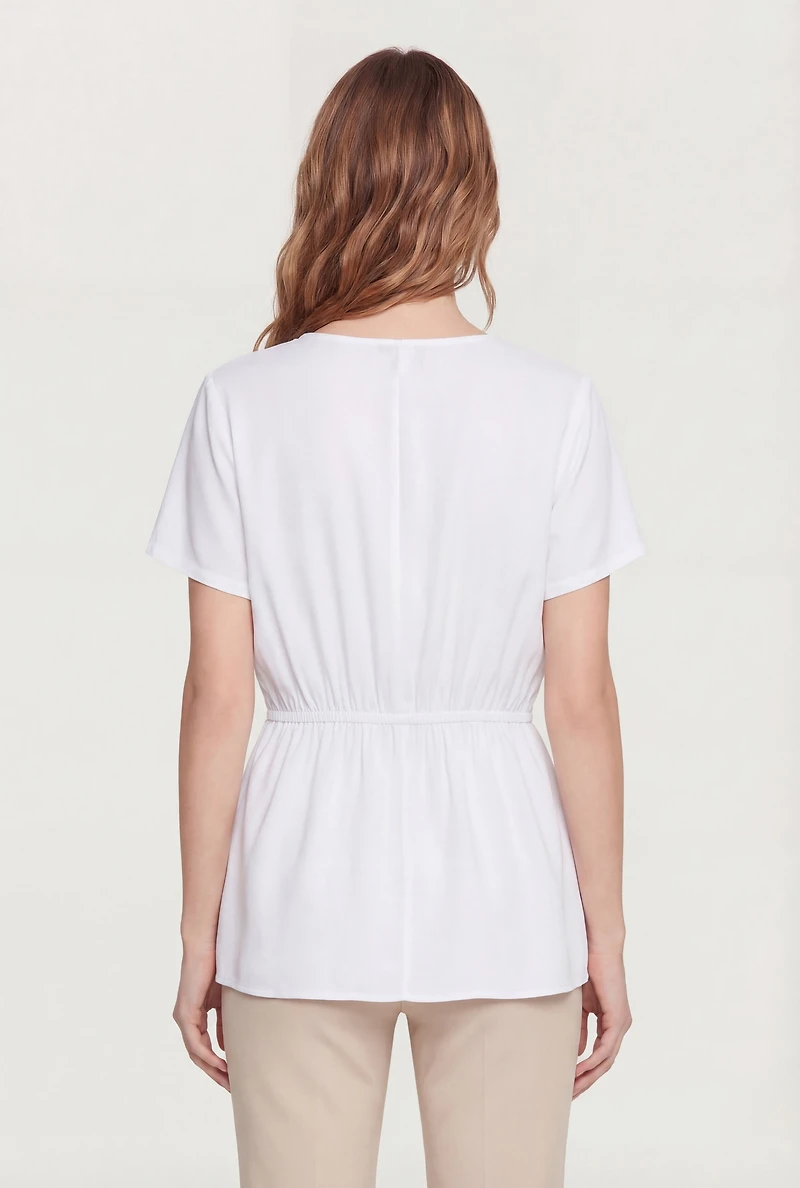 Ruched Half Button Front Short Sleeve Top