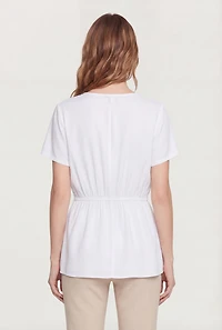 Ruched Half Button Front Short Sleeve Top