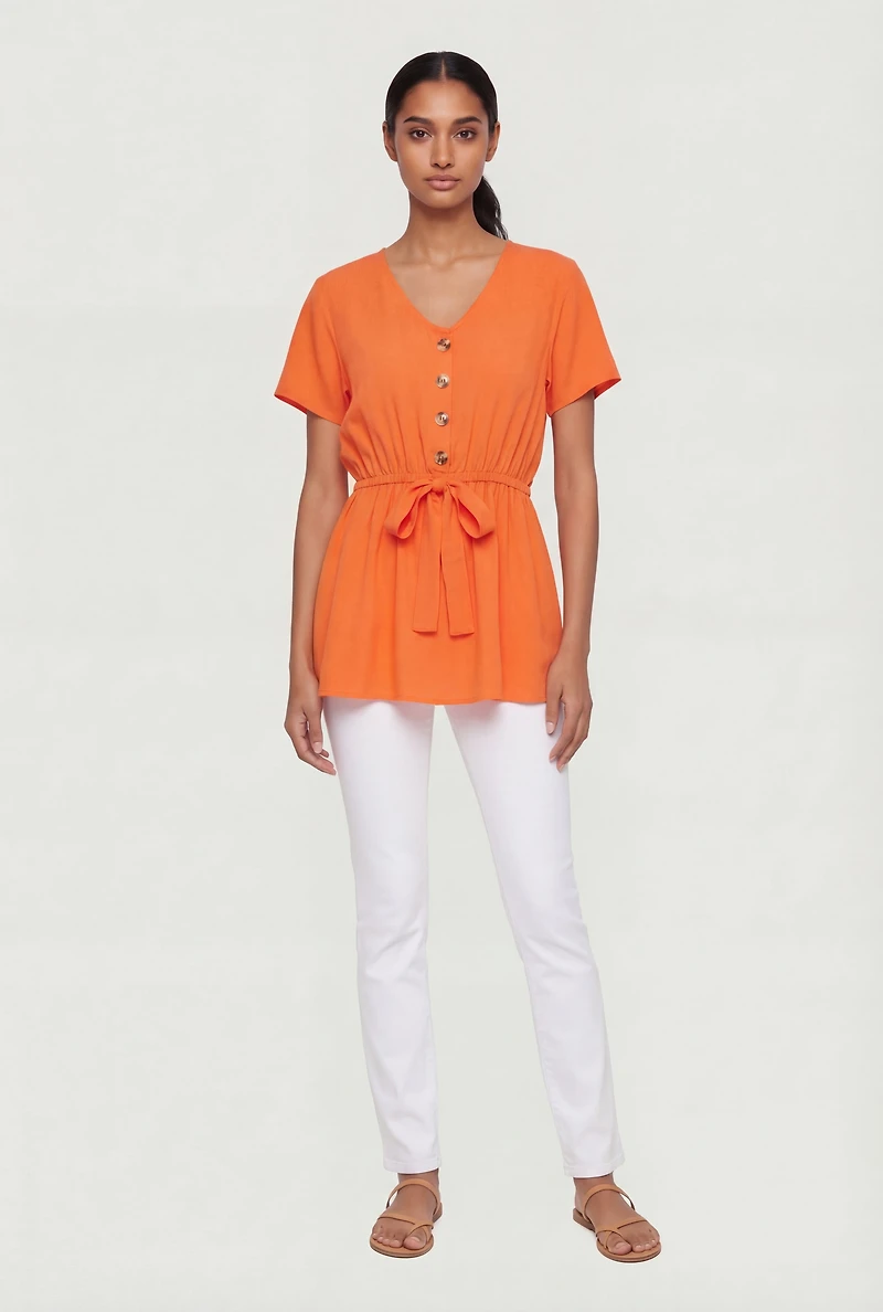 Ruched Half Button Front Short Sleeve Top