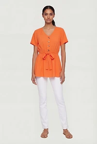 Ruched Half Button Front Short Sleeve Top