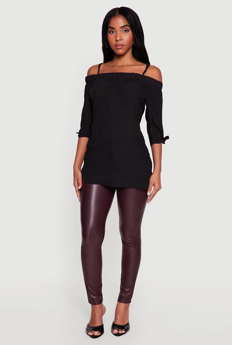 Tie Knot Sleeve Square Neck Cold Shoulder Blouse