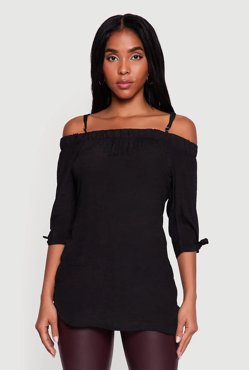 Tie Knot Sleeve Square Neck Cold Shoulder Blouse