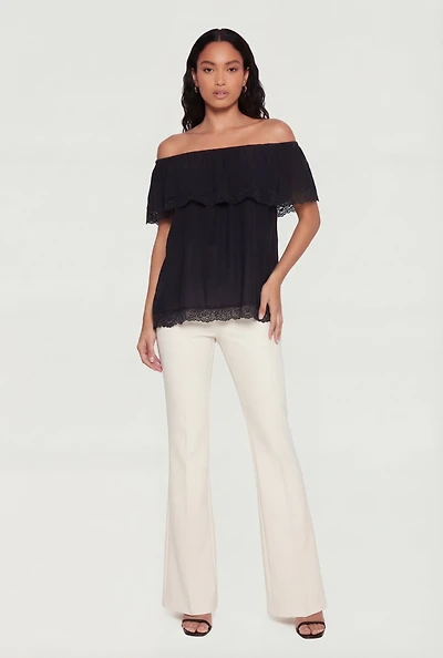 Lace Trim Fold Over Off The Shoulder Top