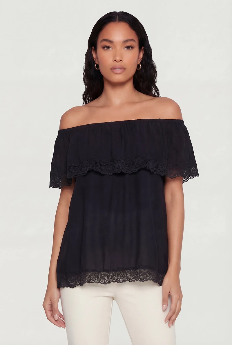 Lace Trim Fold Over Off The Shoulder Top