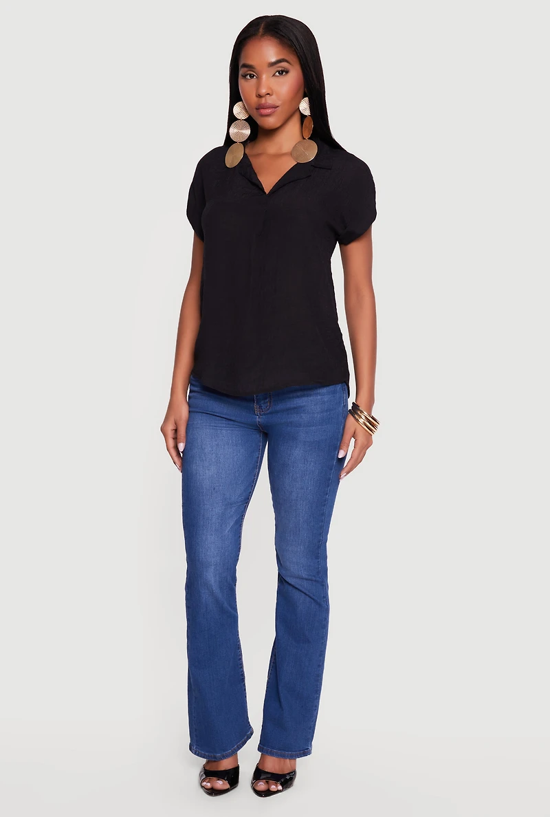 Solid Gauze Knit Collared Short Sleeve Top