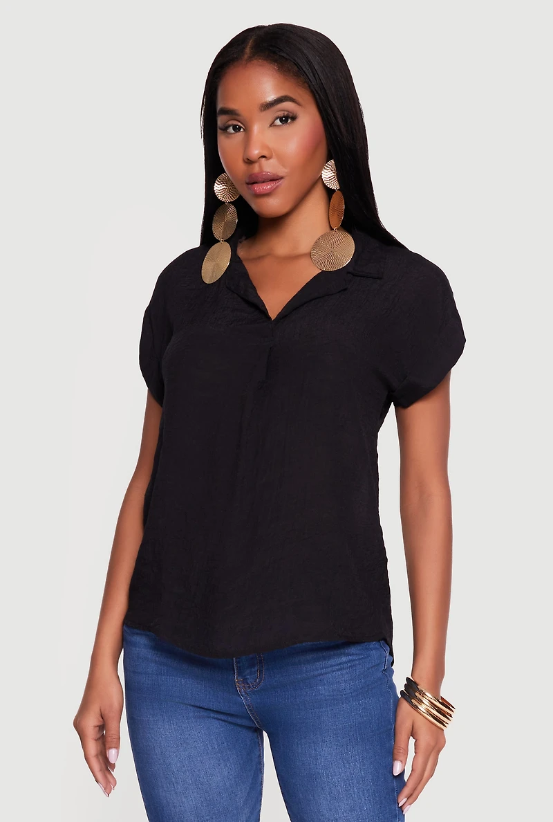 Solid Gauze Knit Collared Short Sleeve Top