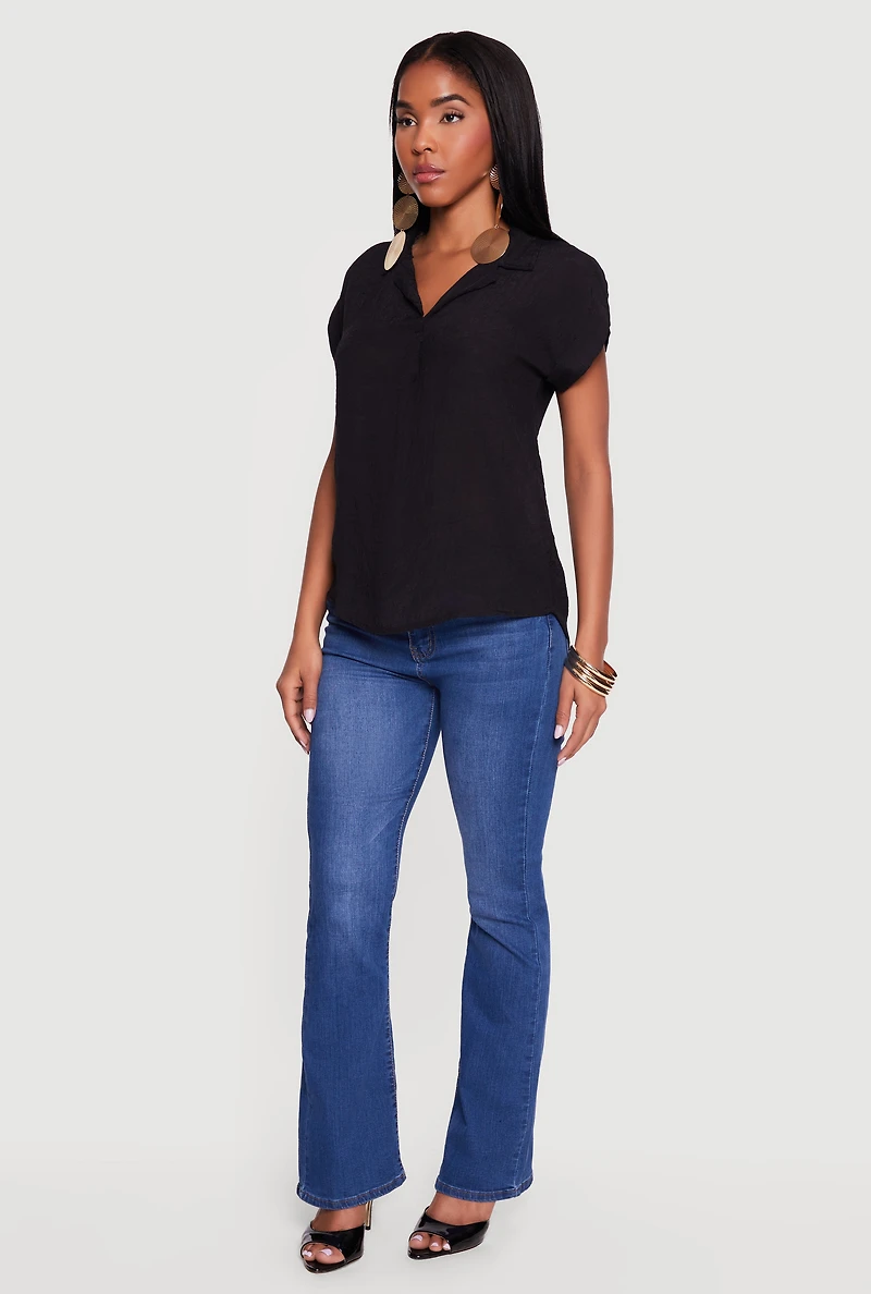Solid Gauze Knit Collared Short Sleeve Top