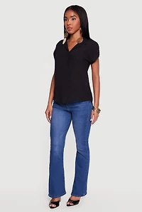 Solid Gauze Knit Collared Short Sleeve Top