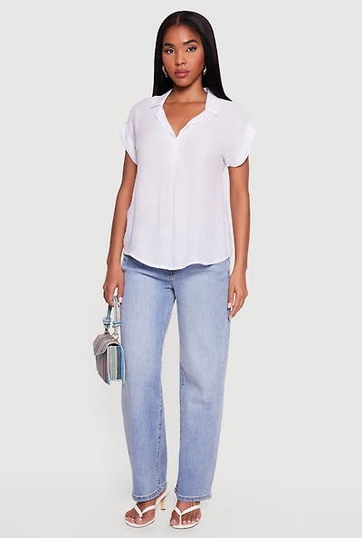 Solid Gauze Knit Collared Short Sleeve Top