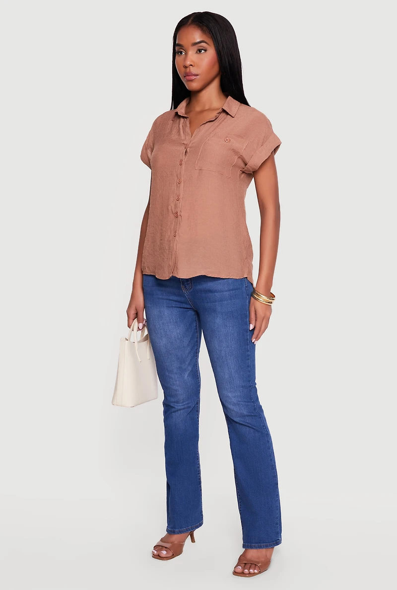 Solid Gauze Knit Short Sleeve Button Front Shirt