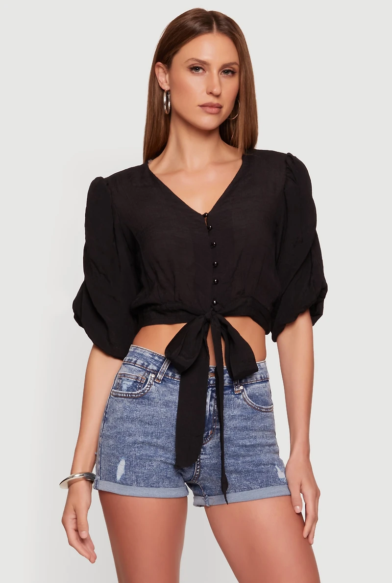Gauze Knit Ruched Bubble Sleeve Tie Front Blouse