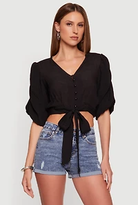Gauze Knit Ruched Bubble Sleeve Tie Front Blouse