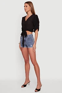 Gauze Knit Ruched Bubble Sleeve Tie Front Blouse
