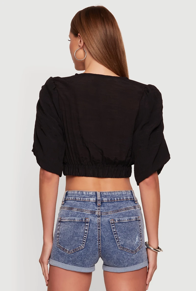 Gauze Knit Ruched Bubble Sleeve Tie Front Blouse