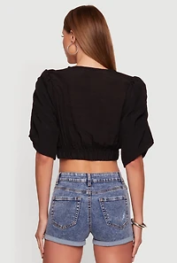 Gauze Knit Ruched Bubble Sleeve Tie Front Blouse