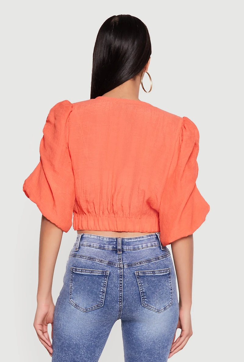 Gauze Knit Ruched Bubble Sleeve Tie Front Blouse