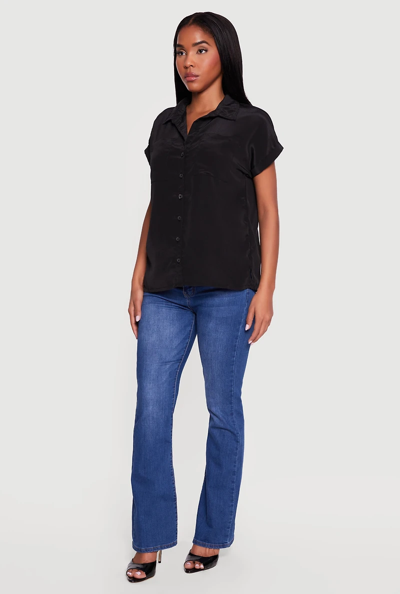 Solid Textured Knit Short Sleeve Button Front Shirt