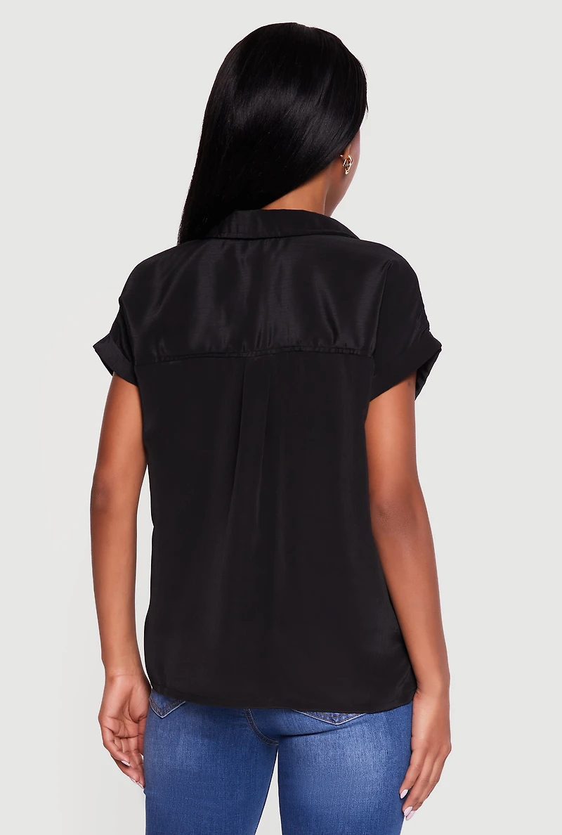 Solid Textured Knit Short Sleeve Button Front Shirt