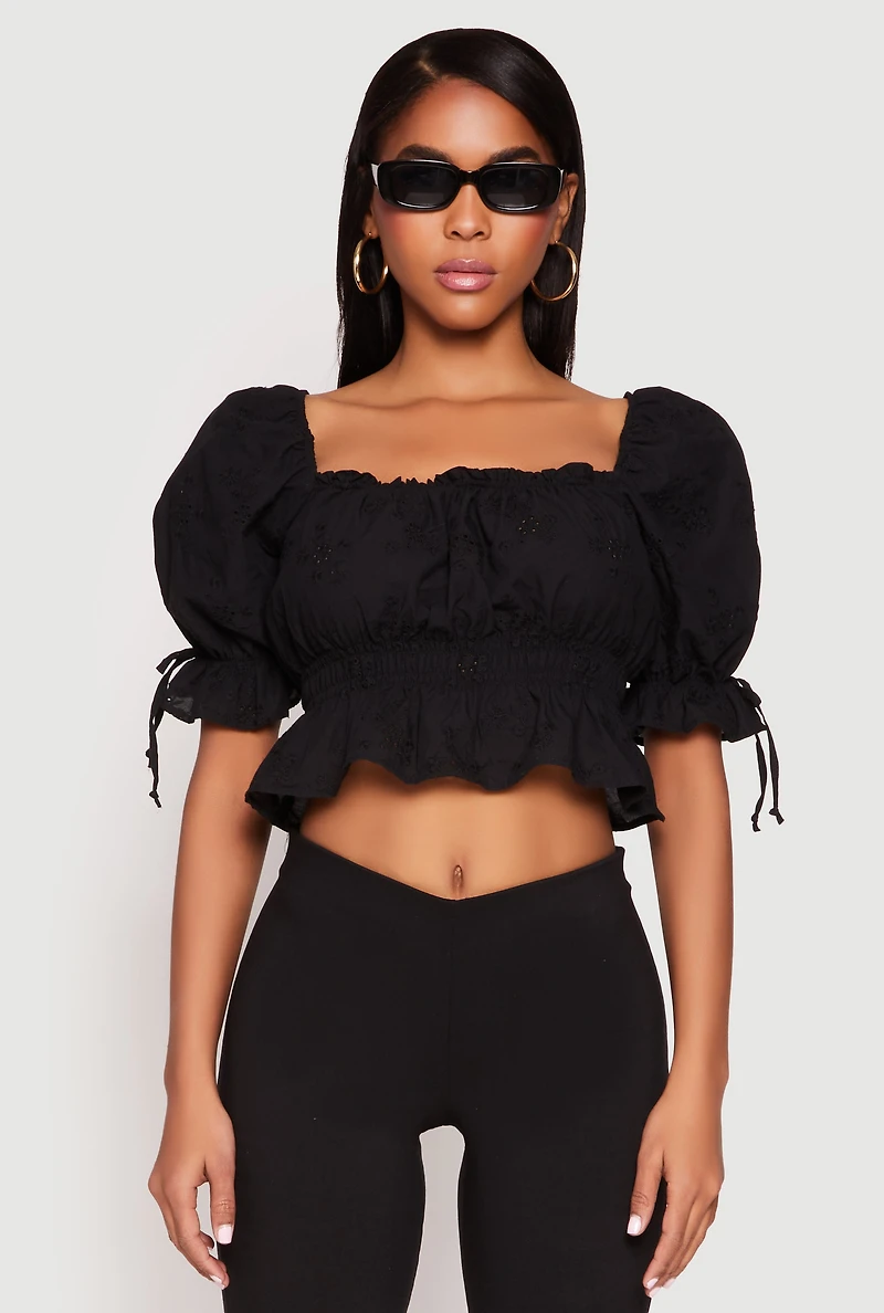 Womens Eyelet Puff Sleeve Peplum Crop Top, Black, Size M