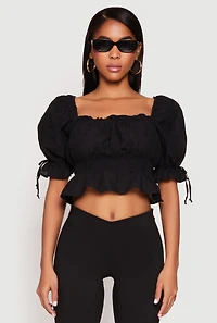 Womens Eyelet Puff Sleeve Peplum Crop Top, Black, Size M