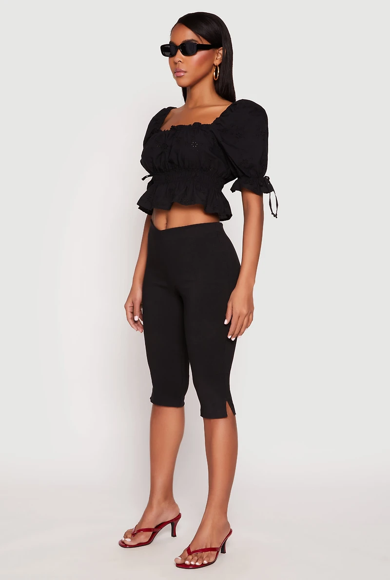 Womens Eyelet Puff Sleeve Peplum Crop Top, Black, Size M