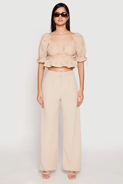 Womens Eyelet Puff Sleeve Peplum Crop Top, L