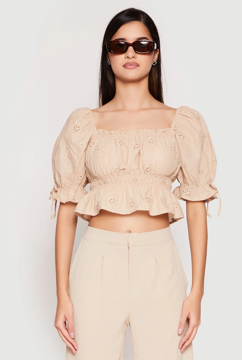 Womens Eyelet Puff Sleeve Peplum Crop Top, Beige, Size L