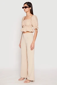 Womens Eyelet Puff Sleeve Peplum Crop Top, L