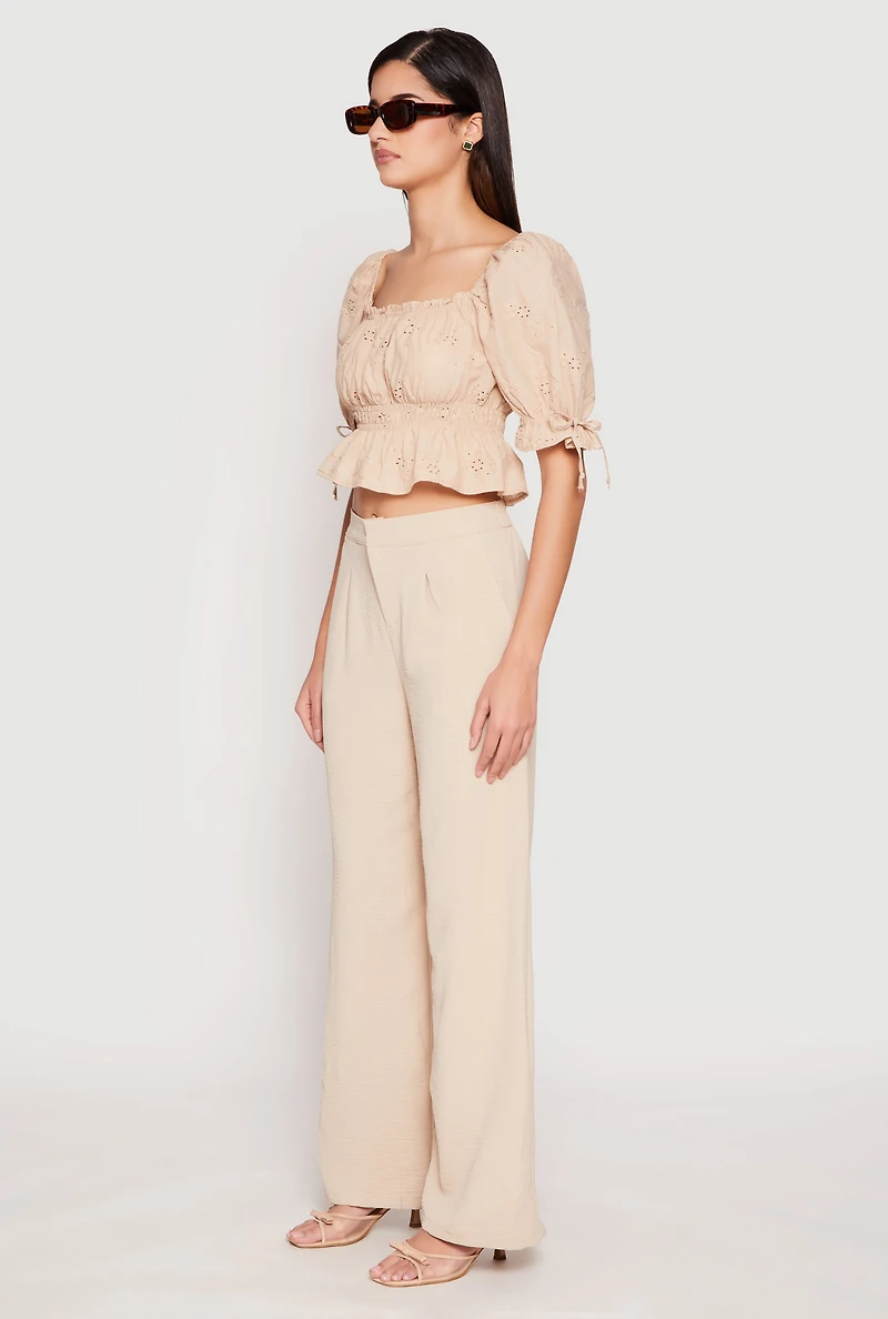 Womens Eyelet Puff Sleeve Peplum Crop Top, Beige, Size L