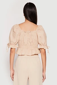 Womens Eyelet Puff Sleeve Peplum Crop Top,