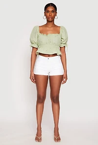 Womens Eyelet Puff Sleeve Peplum Crop Top, Green, Size S