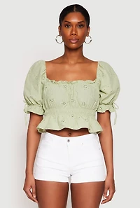 Womens Eyelet Puff Sleeve Peplum Crop Top, S