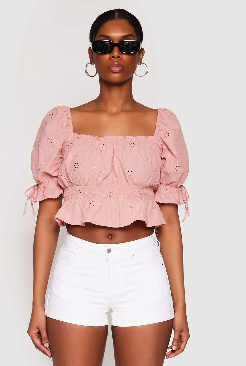 Womens Eyelet Puff Sleeve Peplum Crop Top, Pink, Size S